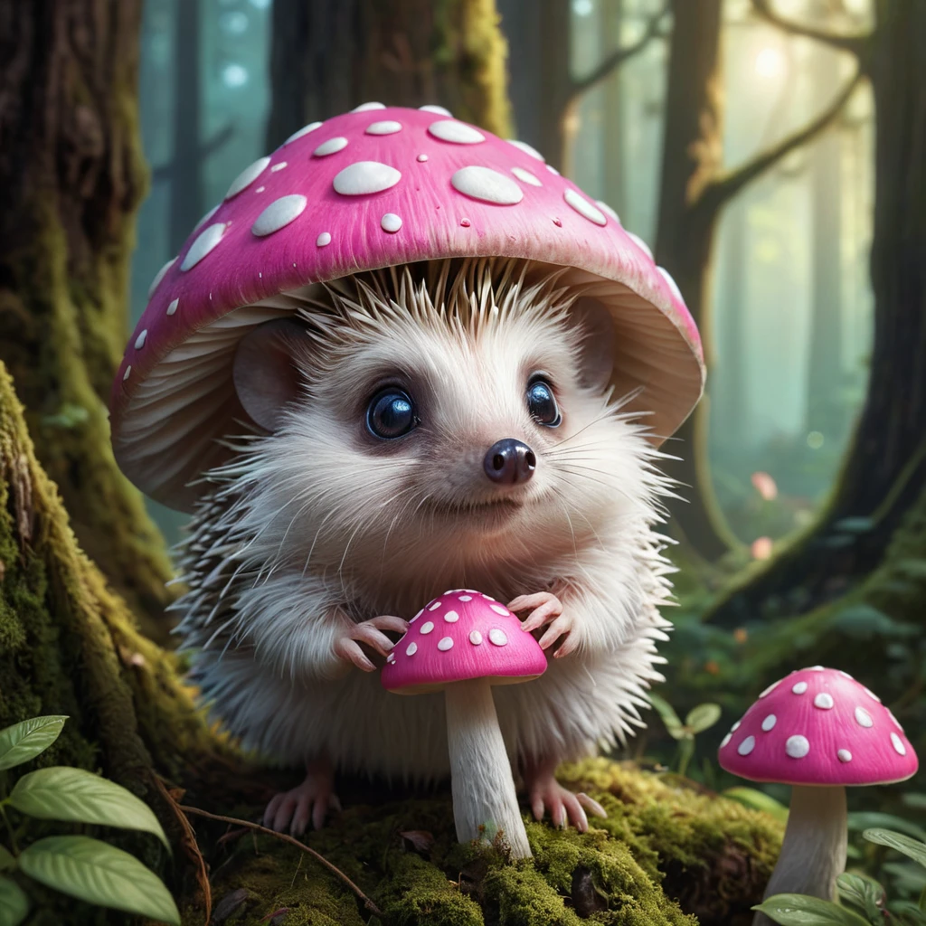 A tiny hedgehog with big eyes and a curious expression, sniffing a pink mushroom in a magical forest, fantasy art, glowing mushrooms