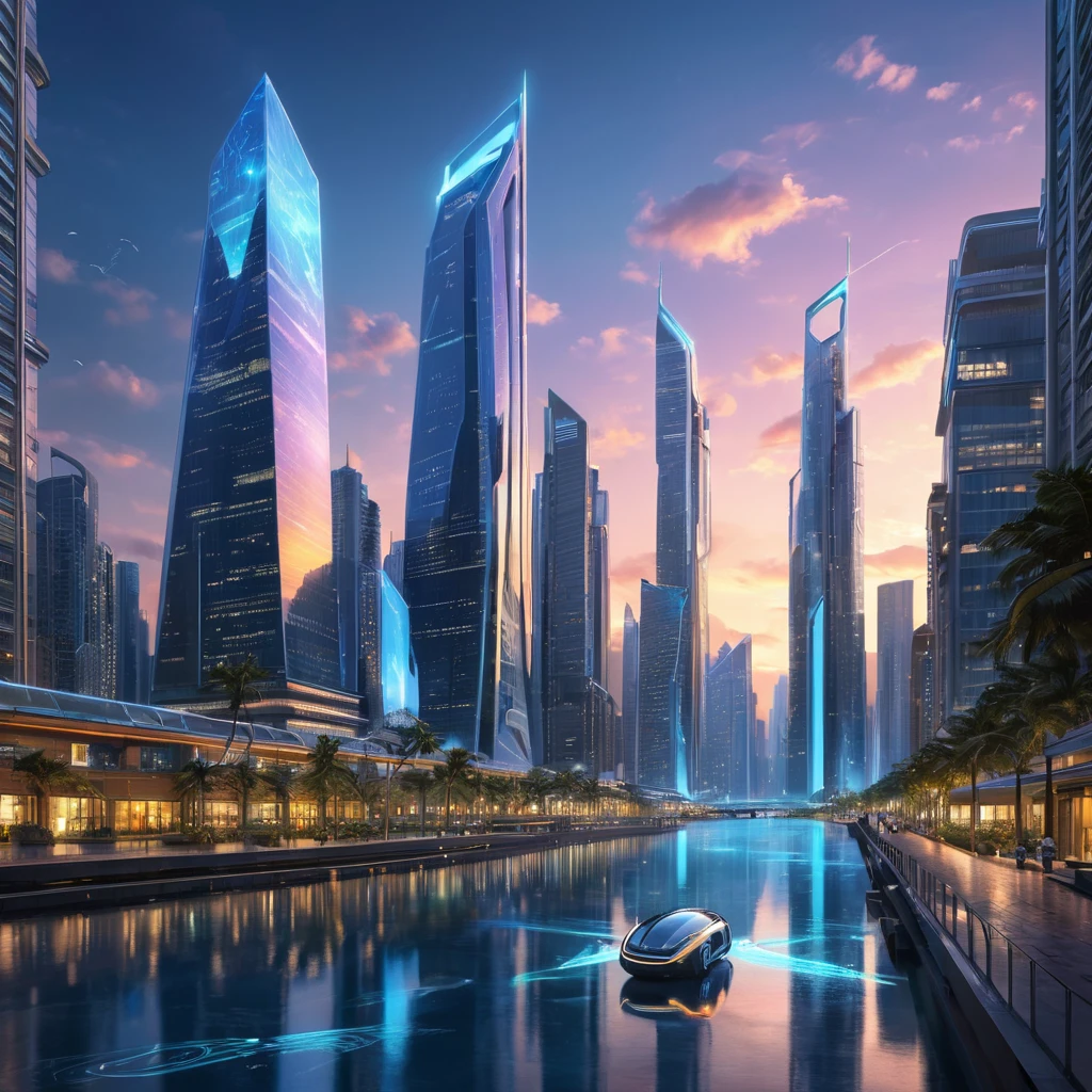 A futuristic cityscape at dusk, with sleek, bioluminescent skyscrapers towering over crystalline waterways. Flying autonomous vehicles zip between buildings, leaving trails of light. Reflecting the vibrant sky above, holographic advertisements shimmer on building facades.