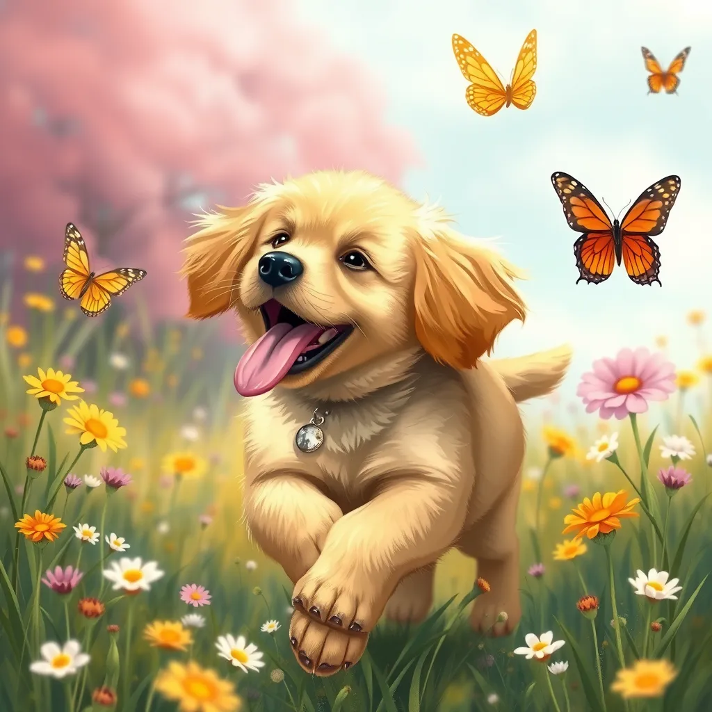 A playful golden retriever puppy with its tongue out, chasing butterflies in a field of wildflowers, whimsical, storybook illustration