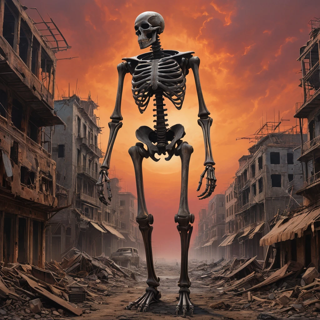 A desolate, dust-swept cityscape littered with the remnants of a forgotten war, rusted metal skeletons of buildings reaching towards a blood-red sky, biomechanical creatures scavenging amongst the debris, apocalyptic art