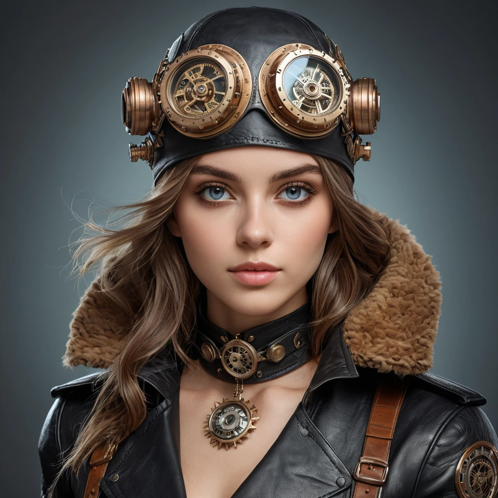 A portrait of a young woman with intricate clockwork gears embedded in her skin, her eyes glowing with a soft, ethereal light. She wears a leather aviator hat and goggles, her expression a mix of curiosity and determination. Steampunk aesthetic, highly detailed, vintage photography style.