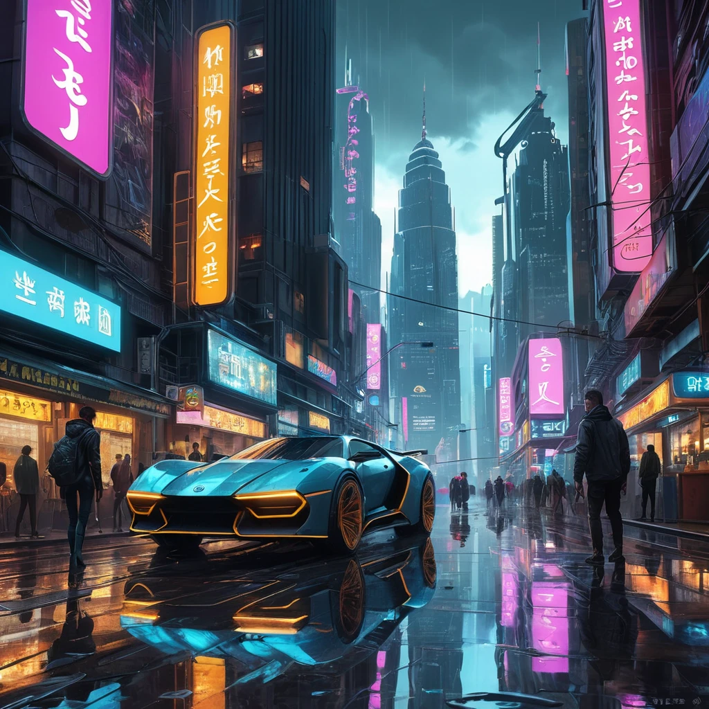 A cyberpunk street bustling with life, neon signs reflecting off puddles, flying vehicles zipping through towering skyscrapers, crowds of people with augmented limbs and holographic projections, a sense of gritty realism and vibrant chaos, trending on artstation, intricate details