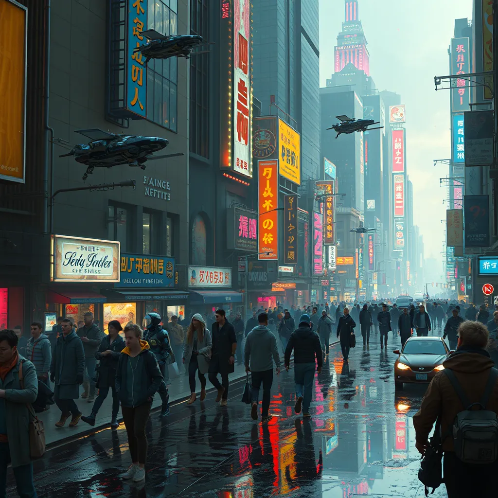 A cyberpunk street bustling with life, neon signs reflecting off puddles, flying vehicles zipping through towering skyscrapers, crowds of people with augmented limbs and holographic projections, a sense of gritty realism and vibrant chaos, trending on artstation, intricate details