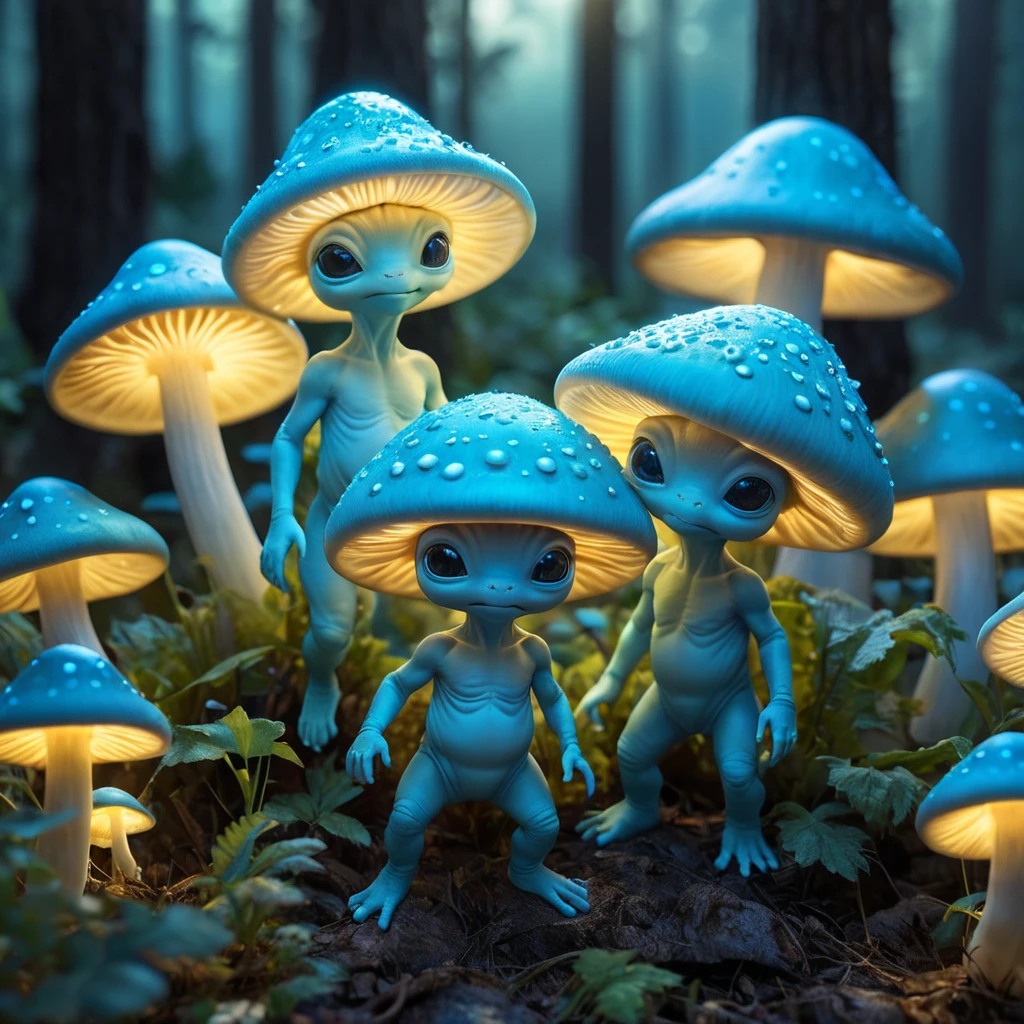 A group of bioluminescent baby aliens playing hide and seek in a field of glowing mushrooms, whimsical, dreamlike, soft focus