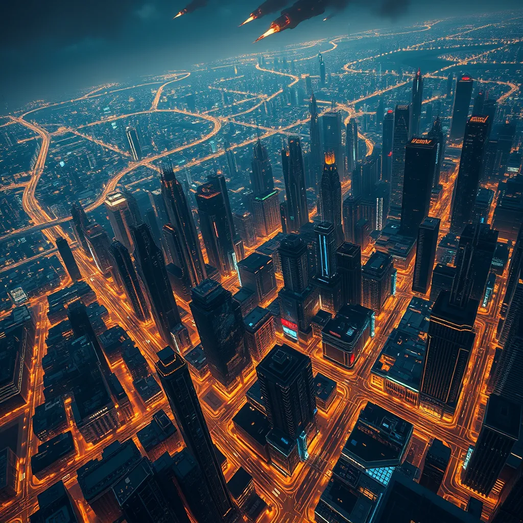 Aerial view of a sprawling cyberpunk city at night, glowing grid patterns of streets and buildings, flying vehicles weaving through the cityscape, holographic projections illuminating the sky, a sense of scale and technological advancement, futuristic architecture, 8k resolution