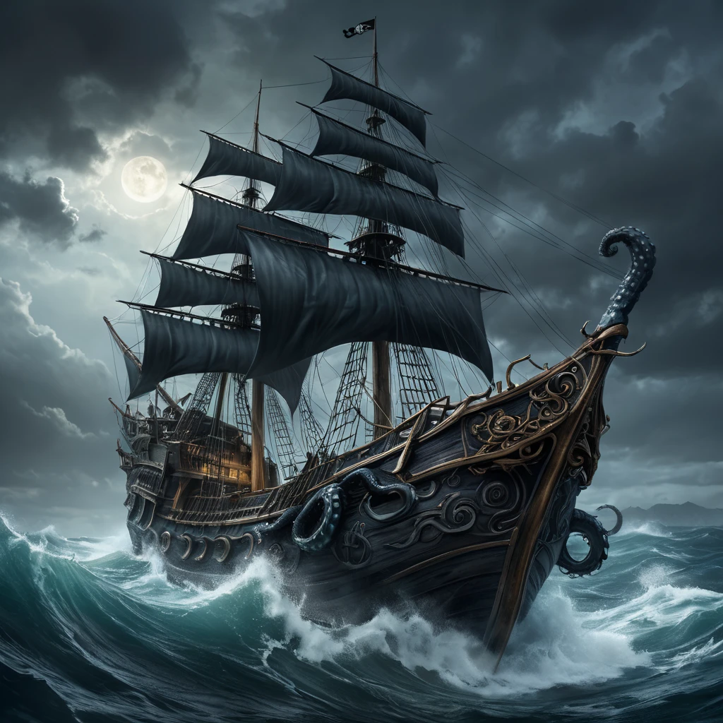 A kraken, tentacles wrapped around a pirate ship, dragging it into the depths of the ocean, dark fantasy, epic scene, dramatic lighting