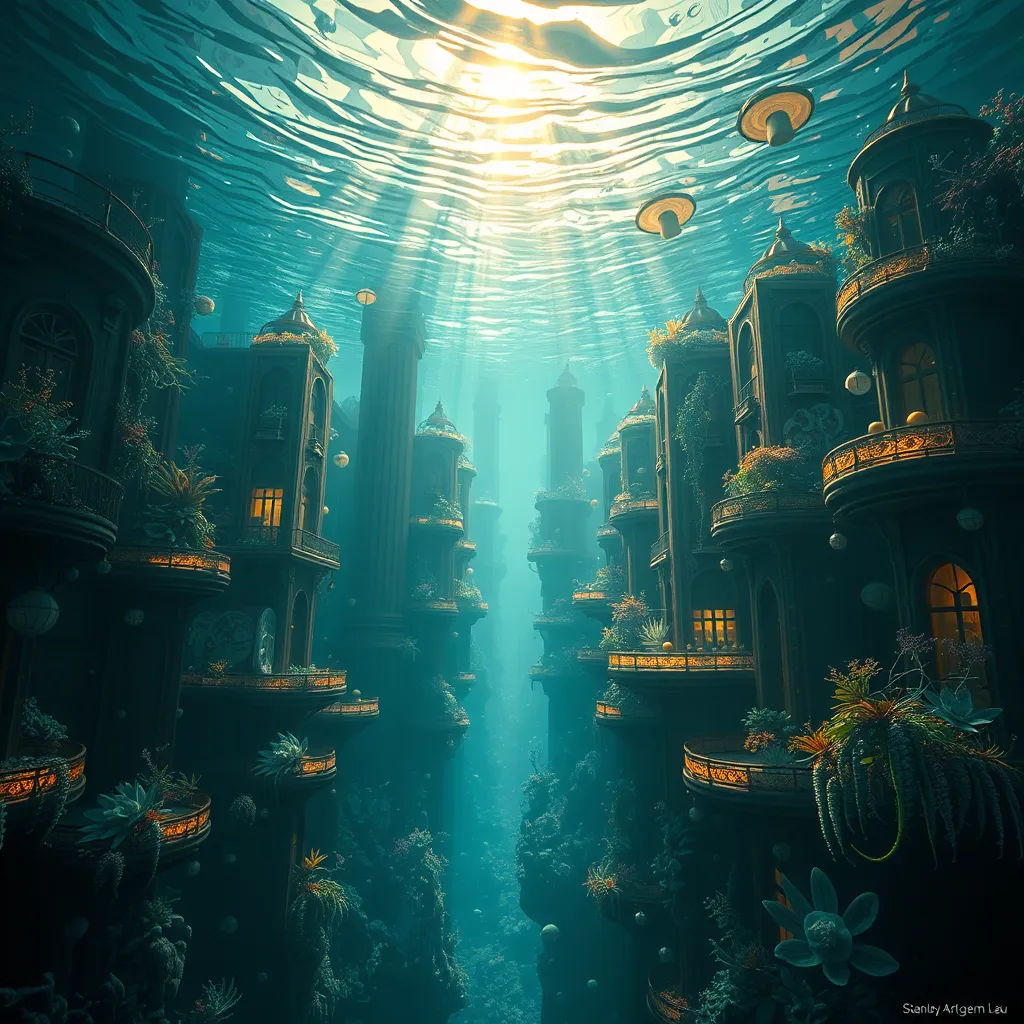 A hauntingly beautiful underwater city, sunlight filtering through the rippling surface above, bioluminescent flora and fauna illuminating the art deco architecture, the faint hum of unseen machinery echoing through the water, ethereal and eerie