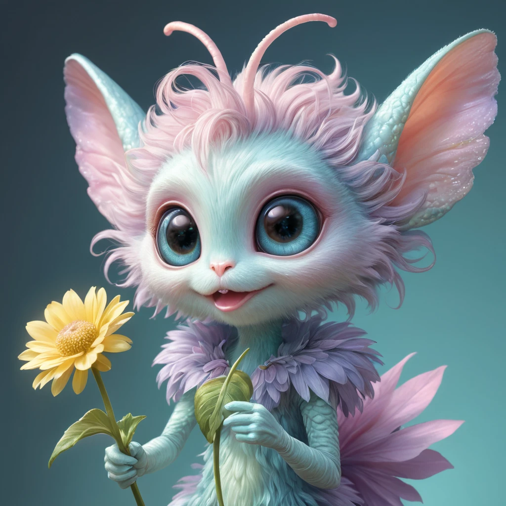 A fluffy, pastel-colored alien with oversized eyes and tiny antennae, giggling and holding a glowing flower, anime style, soft lighting