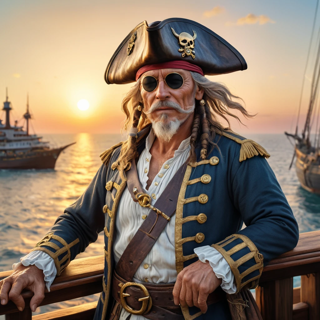 A weathered pirate captain with a gleaming gold tooth, eyepatch, and tricorn hat, standing on the deck of his ship at sunset, rendered in a hyperrealistic style