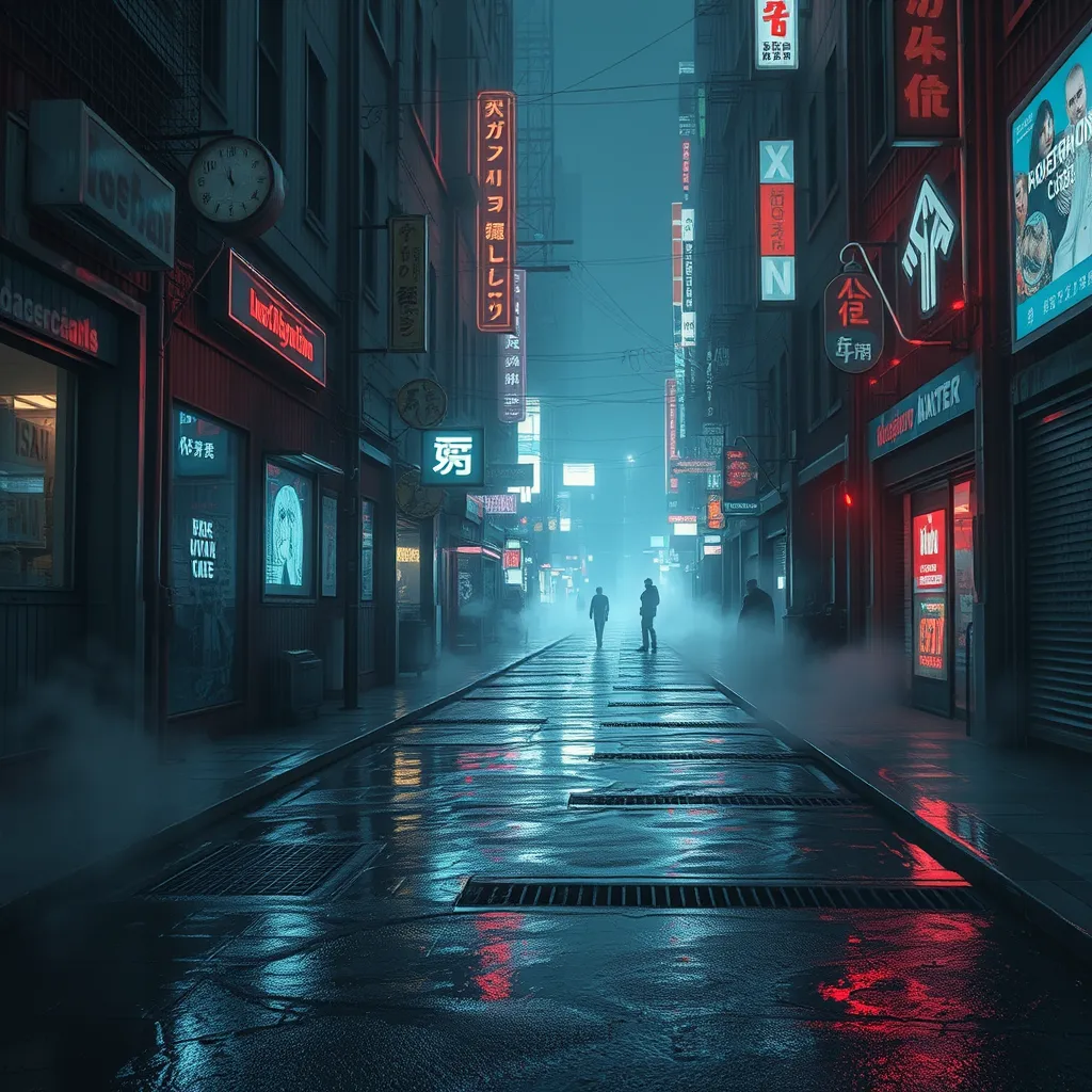 Deserted alleyway in a dystopian cyberpunk city, rain slick streets reflecting neon signs, steam rising from grates, flickering holographic advertisements, a lone figure silhouetted in the distance, a sense of loneliness and urban decay, cyberpunk art, dark and atmospheric