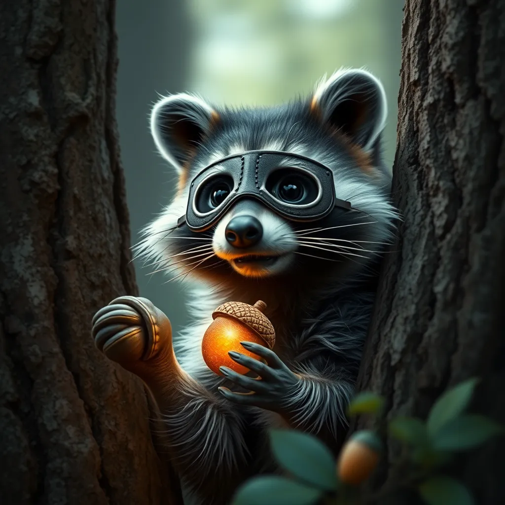 A mischievous raccoon wearing a tiny bandit mask, peeking out from behind a tree with a sparkling acorn in its paw, enchanting forest setting, soft focus