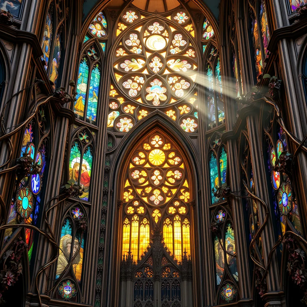 An intricate Art Nouveau cathedral facade, adorned with iridescent stained glass mosaics depicting celestial scenes, framed by organic lines of sculpted bronze vines and blossoms. Soft sunlight streams through, casting a kaleidoscope of colors within.