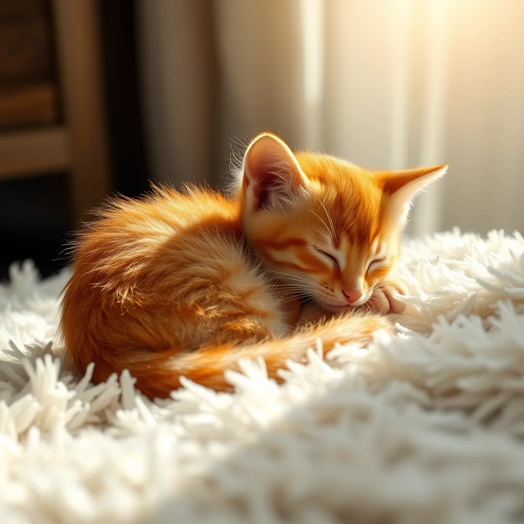 A sleepy orange tabby kitten curled up in a warm sunbeam on a fluffy rug, hyperrealistic, 8k, award-winning photography