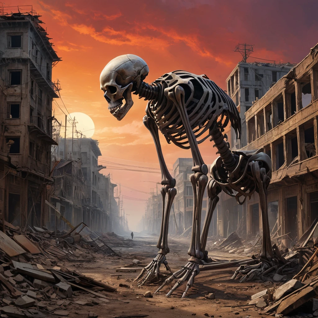 A desolate, dust-swept cityscape littered with the remnants of a forgotten war, rusted metal skeletons of buildings reaching towards a blood-red sky, biomechanical creatures scavenging amongst the debris, apocalyptic art