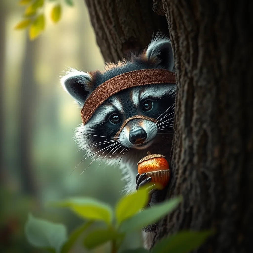 A mischievous raccoon wearing a tiny bandit mask, peeking out from behind a tree with a sparkling acorn in its paw, enchanting forest setting, soft focus