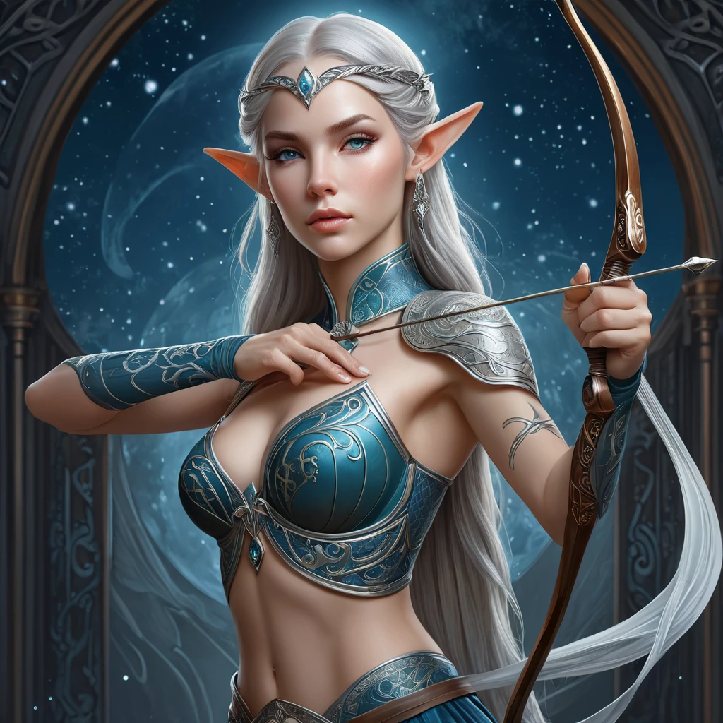 A graceful elven warrior with porcelain skin, intricate tattoos of glowing runes across her arms, wielding a bow of shimmering moonlight, her gaze fierce yet compassionate, digital art, art nouveau