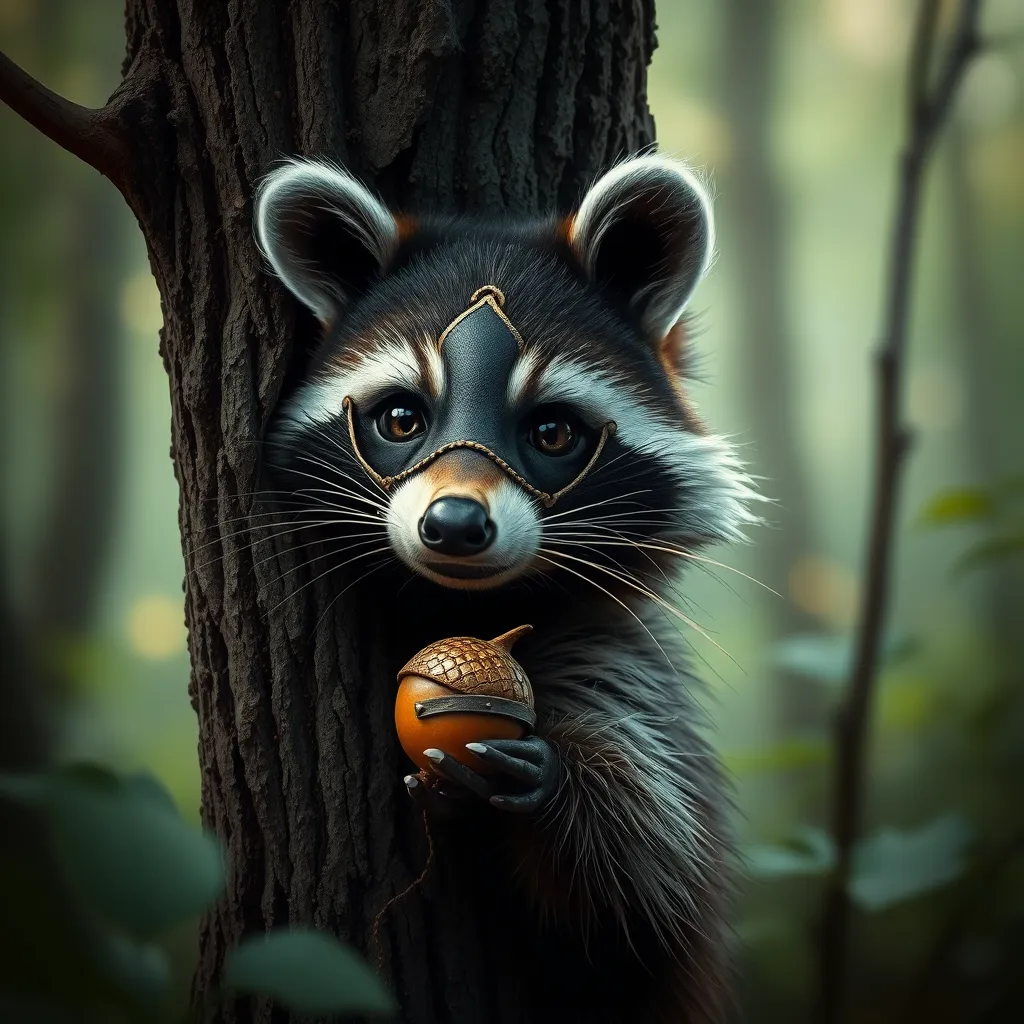 A mischievous raccoon wearing a tiny bandit mask, peeking out from behind a tree with a sparkling acorn in its paw, enchanting forest setting, soft focus