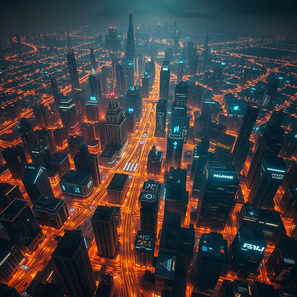 Aerial view of a sprawling cyberpunk city at night, glowing grid patterns of streets and buildings, flying vehicles weaving through the cityscape, holographic projections illuminating the sky, a sense of scale and technological advancement, futuristic architecture, 8k resolution