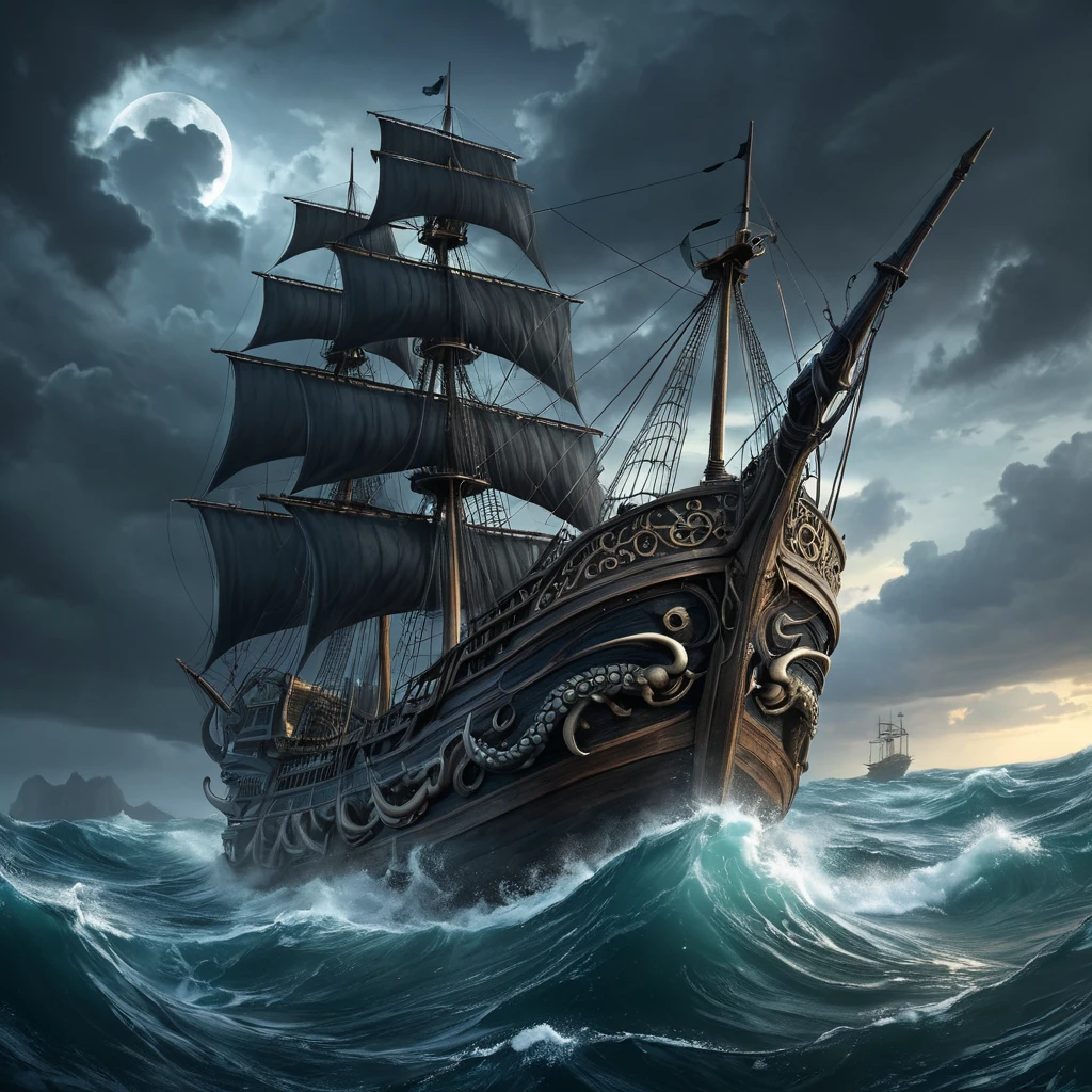 A kraken, tentacles wrapped around a pirate ship, dragging it into the depths of the ocean, dark fantasy, epic scene, dramatic lighting