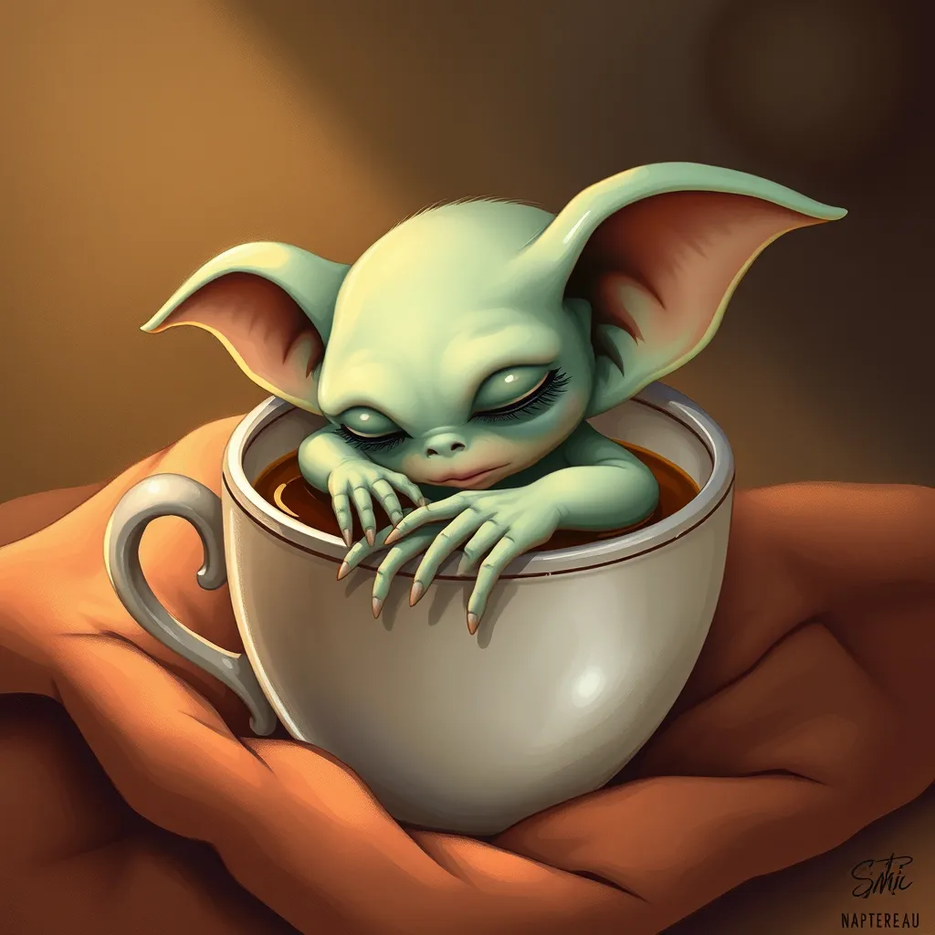 A sleepy alien with big, droopy ears curled up inside a cup of tea, cozy, warm colors, storybook illustration