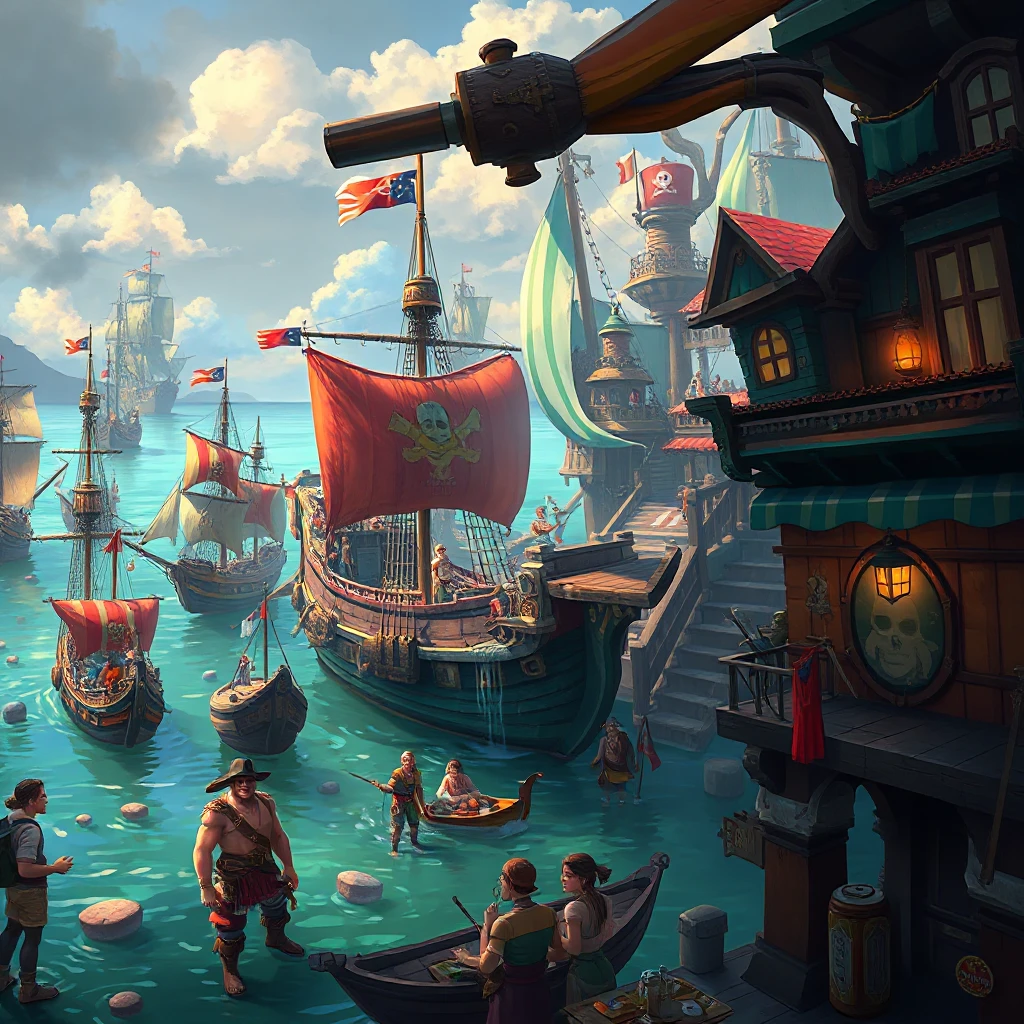 A bustling pirate cove, filled with taverns, ships, and pirates from all walks of life, vibrant colors, lively atmosphere, concept art