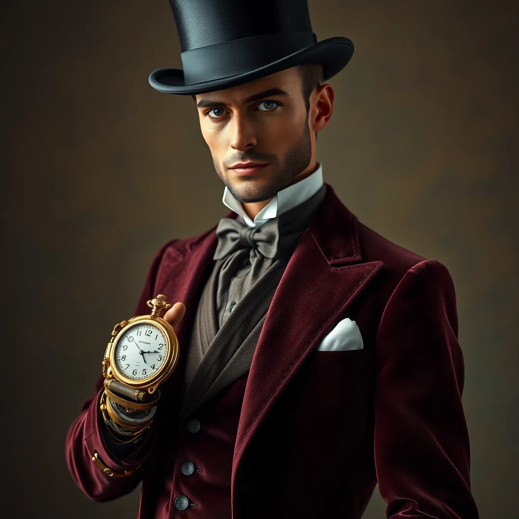 An elegant Victorian gentleman with a finely crafted prosthetic arm made of polished brass and copper. He holds a pocket watch that displays intricate gears instead of numbers. Dressed in a velvet waistcoat and cravat, a top hat casting a shadow over his piercing gaze. Steampunk, cinematic lighting, Art Deco elements.