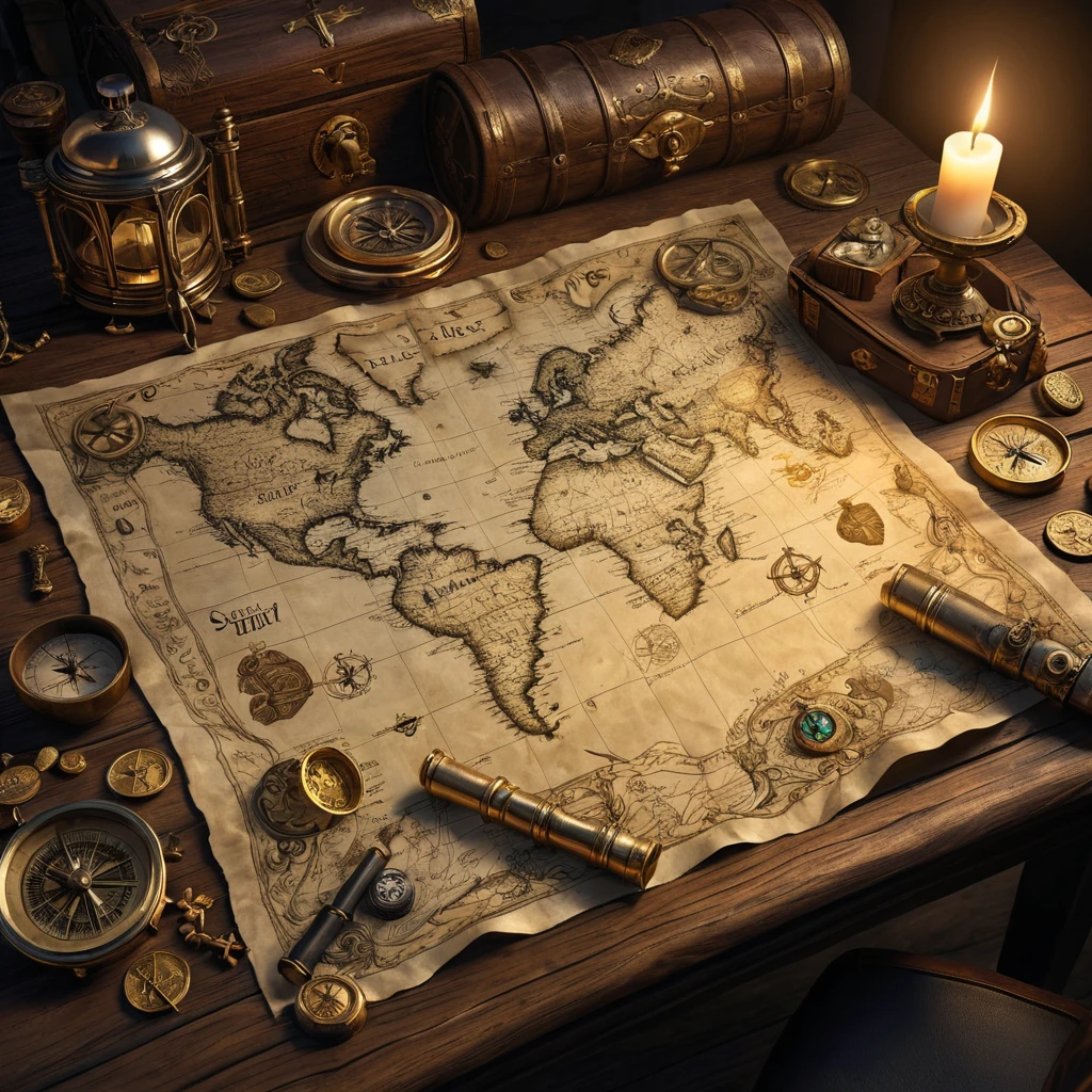 A treasure map spread out on a table lit by a single flickering candle, surrounded by pirate paraphernalia - cutlass, compass, spyglass, and gold coins, highly detailed, realistic