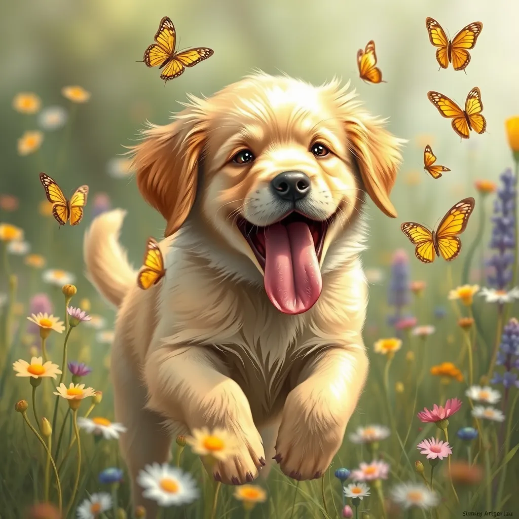 A playful golden retriever puppy with its tongue out, chasing butterflies in a field of wildflowers, whimsical, storybook illustration