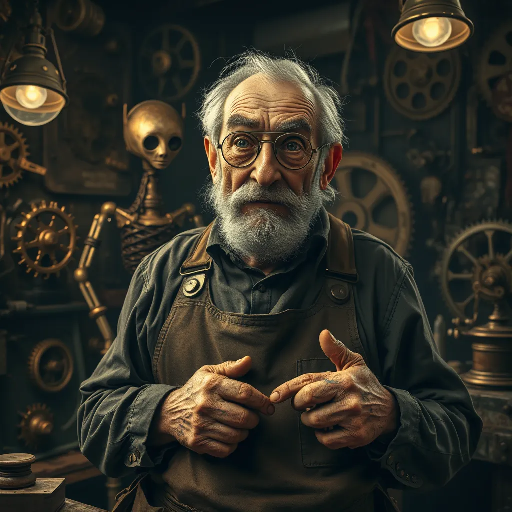 A grizzled old inventor in a dimly lit workshop, surrounded by gears, cogs, and strange contraptions. He wears a monocle and a leather apron, his hands stained with oil and grime. A mischievous glint in his eye, a half-finished automaton in the background. Steampunk, sepia tones, Rembrandt lighting.