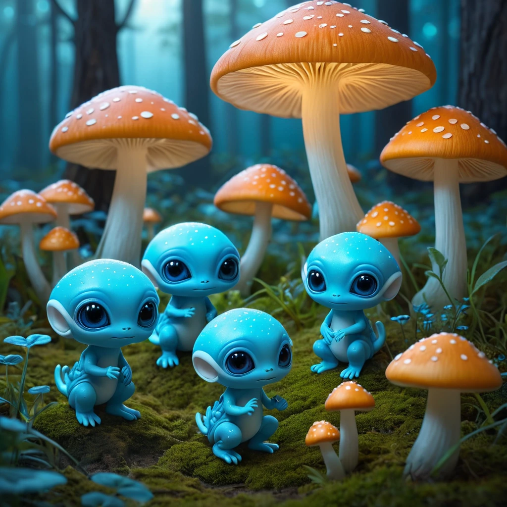 A group of bioluminescent baby aliens playing hide and seek in a field of glowing mushrooms, whimsical, dreamlike, soft focus