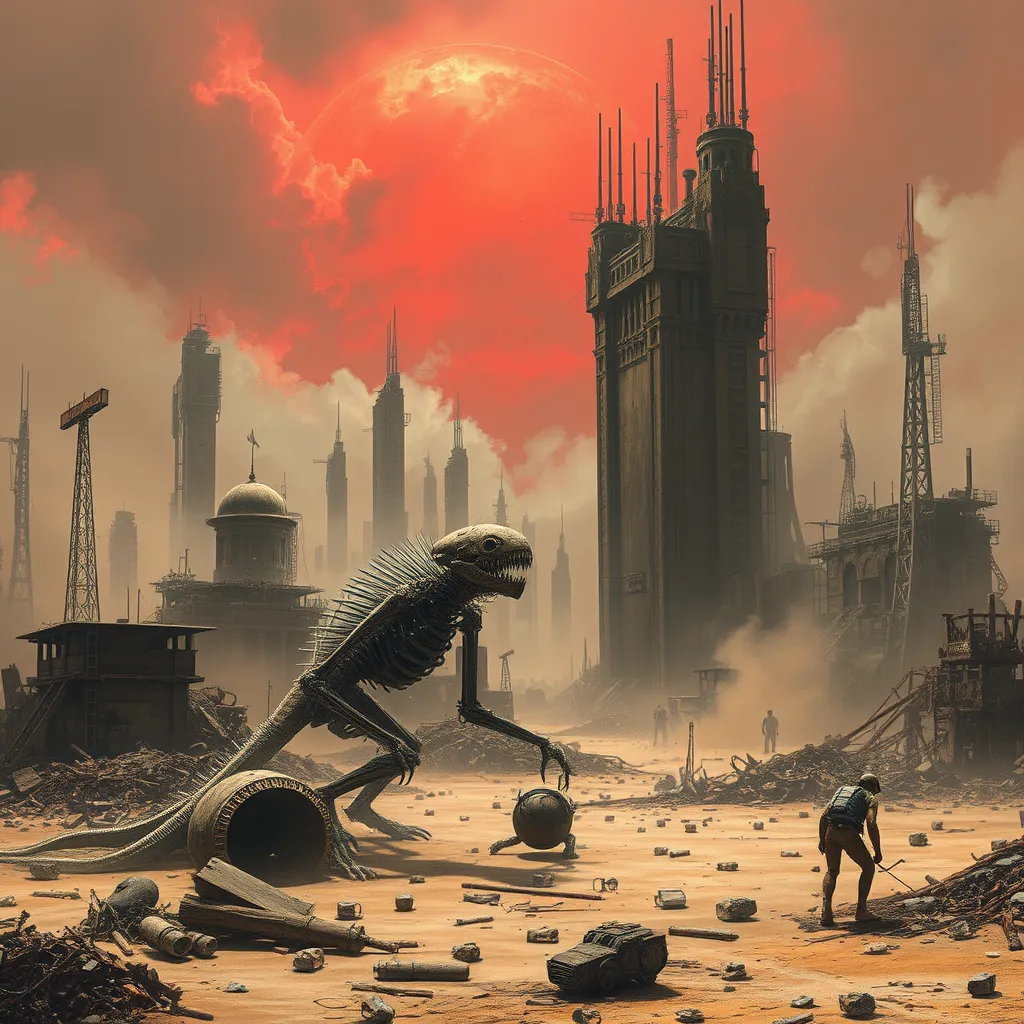 A desolate, dust-swept cityscape littered with the remnants of a forgotten war, rusted metal skeletons of buildings reaching towards a blood-red sky, biomechanical creatures scavenging amongst the debris, apocalyptic art