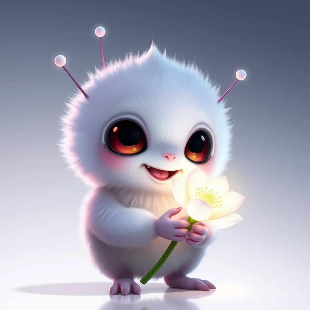 A fluffy, pastel-colored alien with oversized eyes and tiny antennae, giggling and holding a glowing flower, anime style, soft lighting