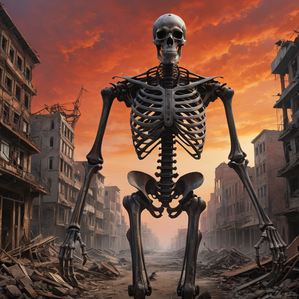 A desolate, dust-swept cityscape littered with the remnants of a forgotten war, rusted metal skeletons of buildings reaching towards a blood-red sky, biomechanical creatures scavenging amongst the debris, apocalyptic art