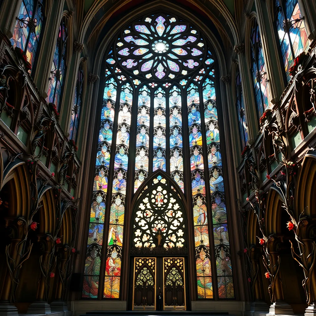 An intricate Art Nouveau cathedral facade, adorned with iridescent stained glass mosaics depicting celestial scenes, framed by organic lines of sculpted bronze vines and blossoms. Soft sunlight streams through, casting a kaleidoscope of colors within.