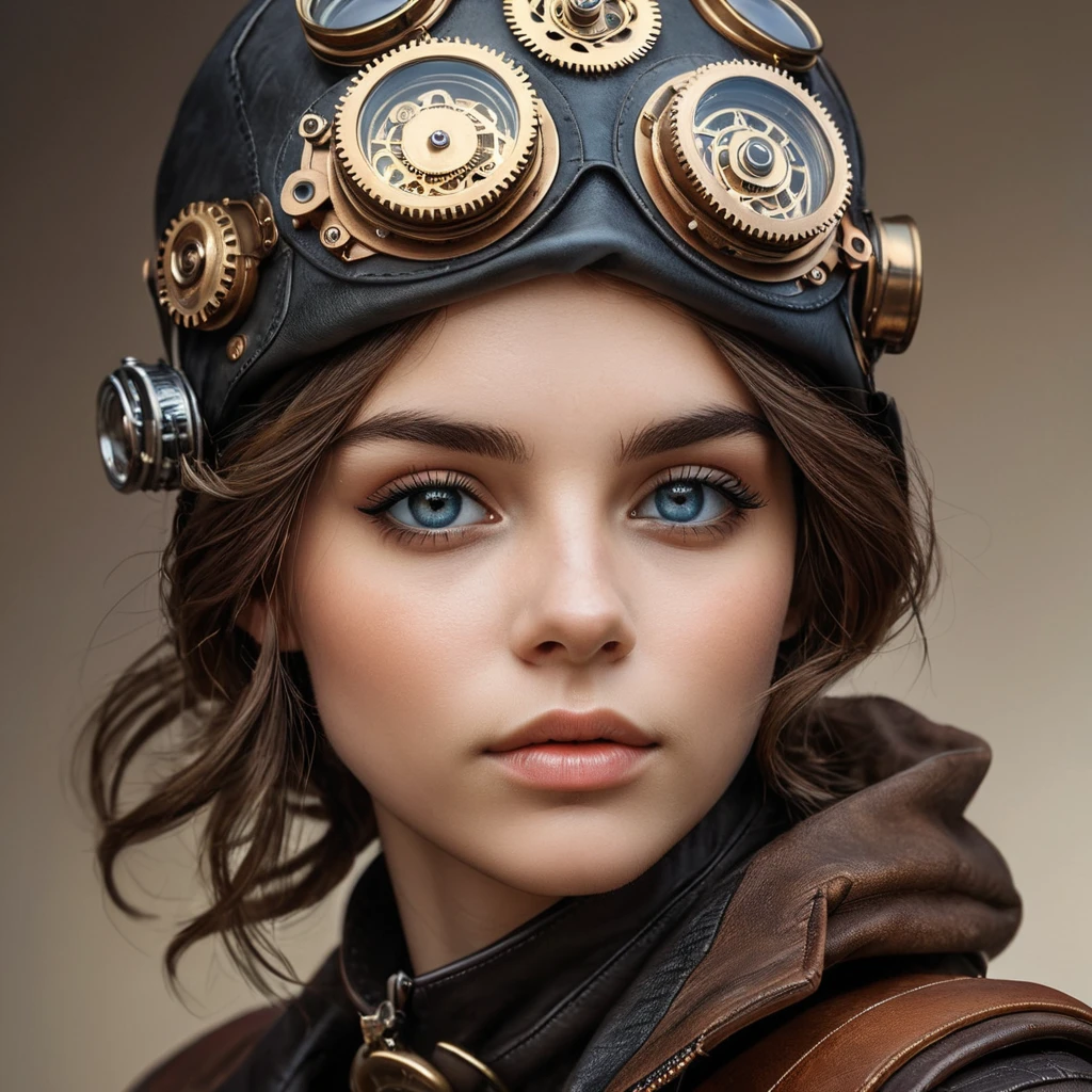 A portrait of a young woman with intricate clockwork gears embedded in her skin, her eyes glowing with a soft, ethereal light. She wears a leather aviator hat and goggles, her expression a mix of curiosity and determination. Steampunk aesthetic, highly detailed, vintage photography style.