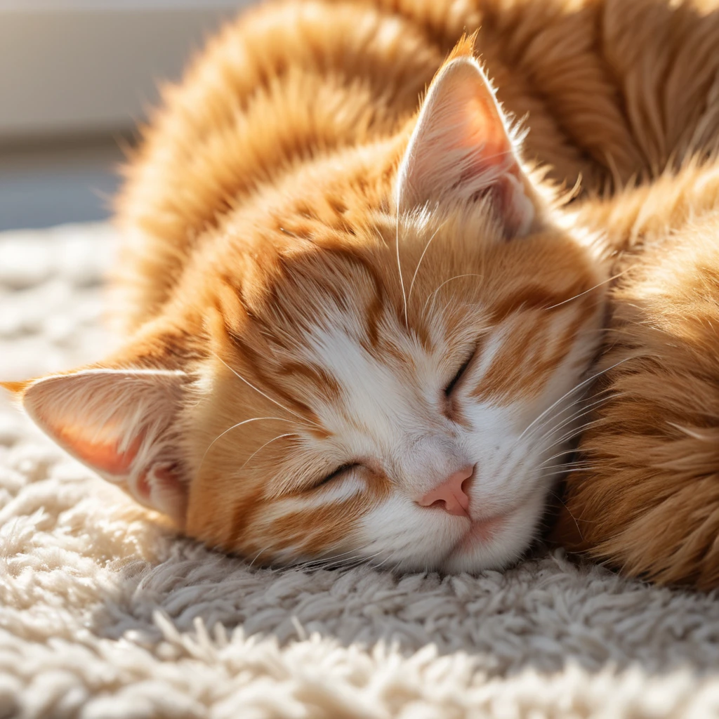 A sleepy orange tabby kitten curled up in a warm sunbeam on a fluffy rug, hyperrealistic, 8k, award-winning photography