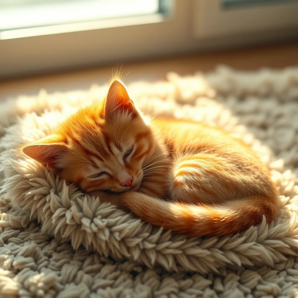 A sleepy orange tabby kitten curled up in a warm sunbeam on a fluffy rug, hyperrealistic, 8k, award-winning photography