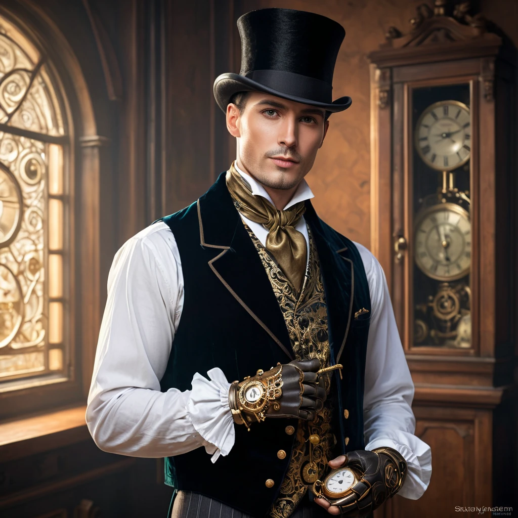 An elegant Victorian gentleman with a finely crafted prosthetic arm made of polished brass and copper. He holds a pocket watch that displays intricate gears instead of numbers. Dressed in a velvet waistcoat and cravat, a top hat casting a shadow over his piercing gaze. Steampunk, cinematic lighting, Art Deco elements.