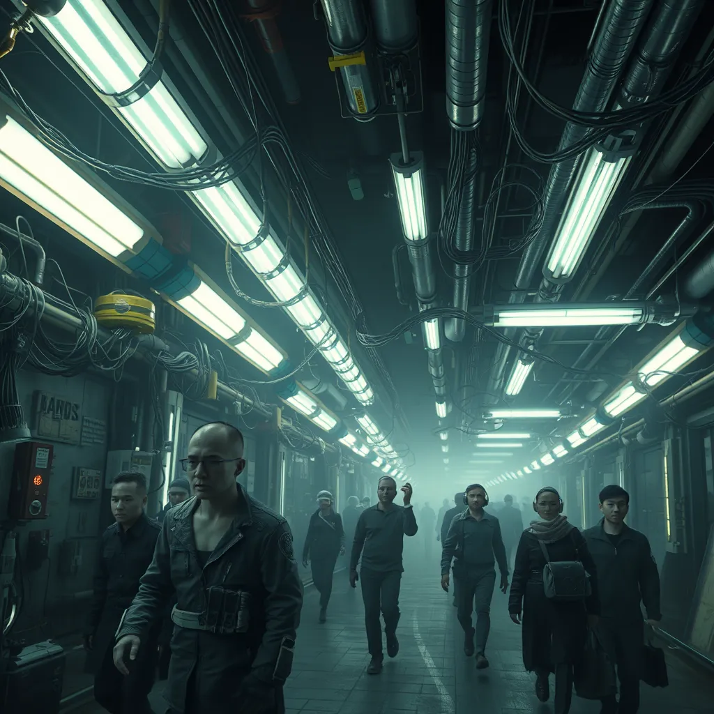 An oppressive, subterranean city illuminated by harsh fluorescent lights, genetically modified citizens with vacant expressions going about their monotonous lives, wires and pipes snaking across every surface, biopunk aesthetic