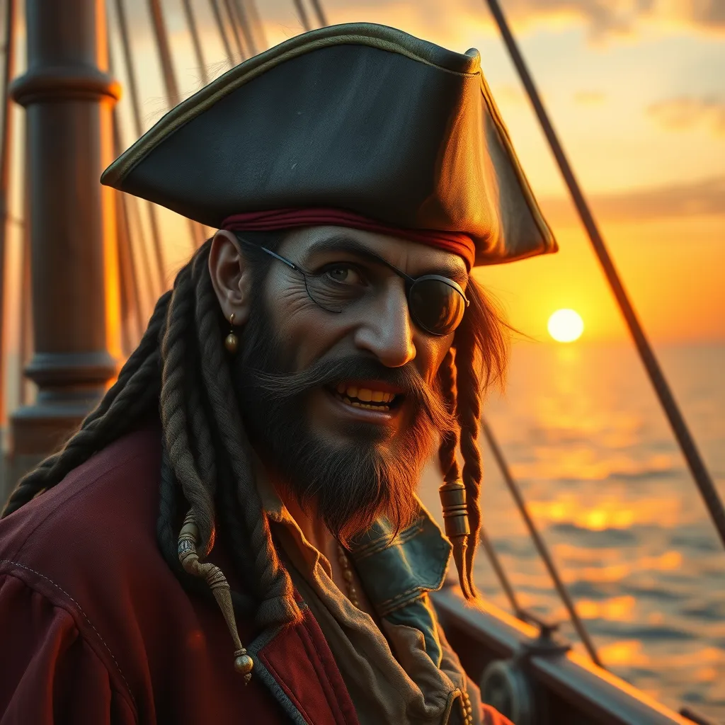 A weathered pirate captain with a gleaming gold tooth, eyepatch, and tricorn hat, standing on the deck of his ship at sunset, rendered in a hyperrealistic style