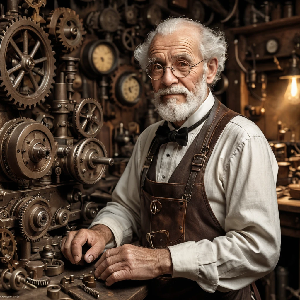 A grizzled old inventor in a dimly lit workshop, surrounded by gears, cogs, and strange contraptions. He wears a monocle and a leather apron, his hands stained with oil and grime. A mischievous glint in his eye, a half-finished automaton in the background. Steampunk, sepia tones, Rembrandt lighting.