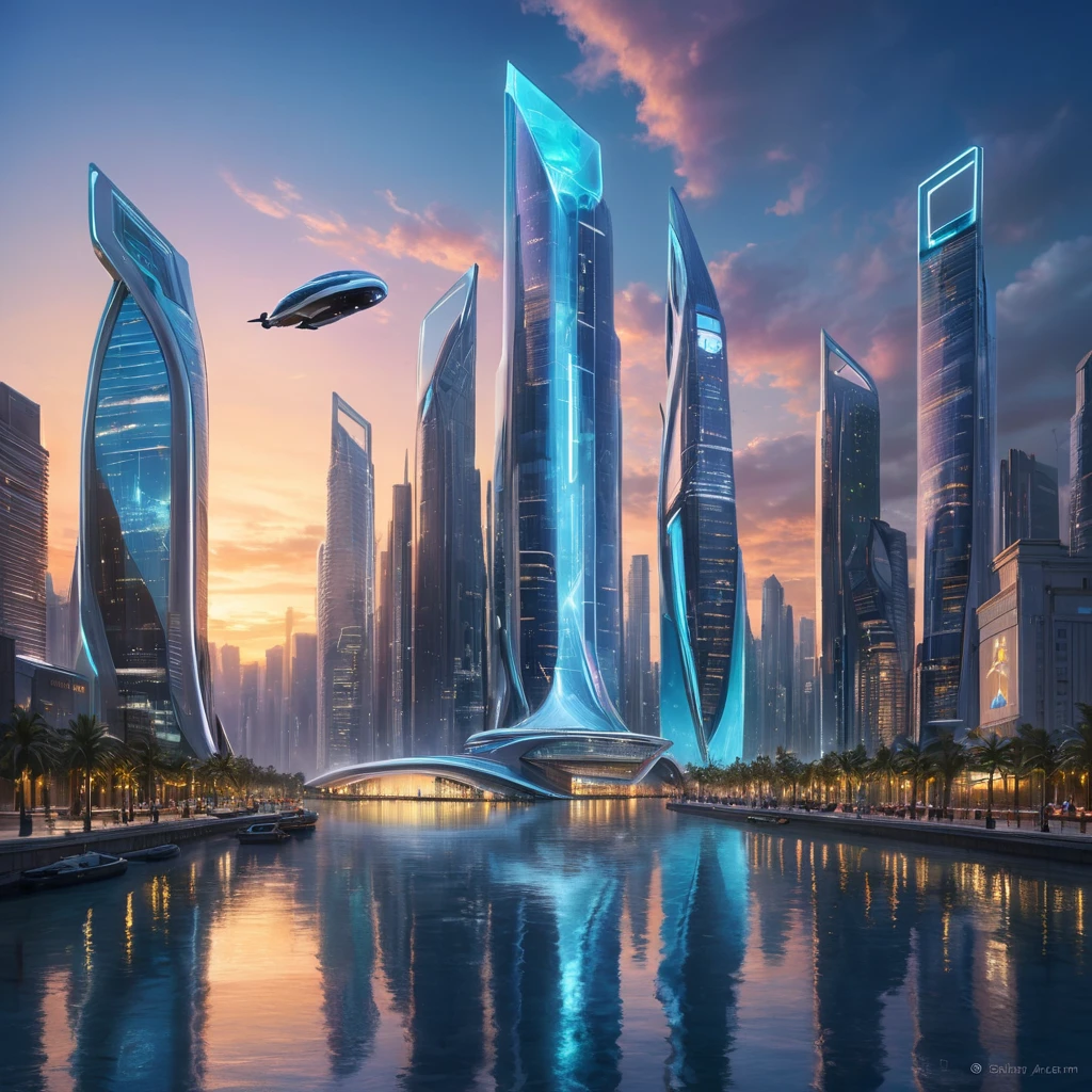 A futuristic cityscape at dusk, with sleek, bioluminescent skyscrapers towering over crystalline waterways. Flying autonomous vehicles zip between buildings, leaving trails of light. Reflecting the vibrant sky above, holographic advertisements shimmer on building facades.