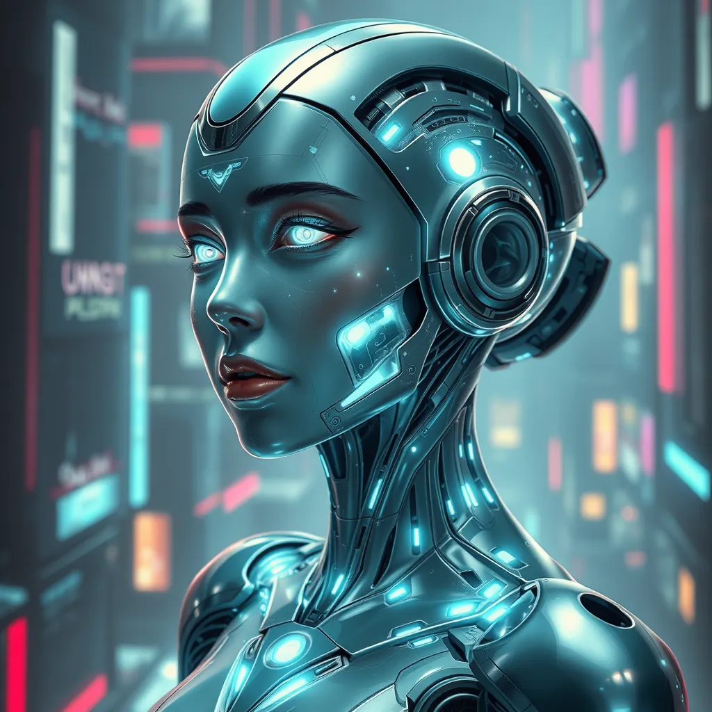 An ethereal android with luminous silver skin, geometric patterns of light pulsing beneath her surface, her eyes glowing with artificial intelligence, set against a backdrop of a futuristic neon cityscape, cyberpunk art, hyperrealistic