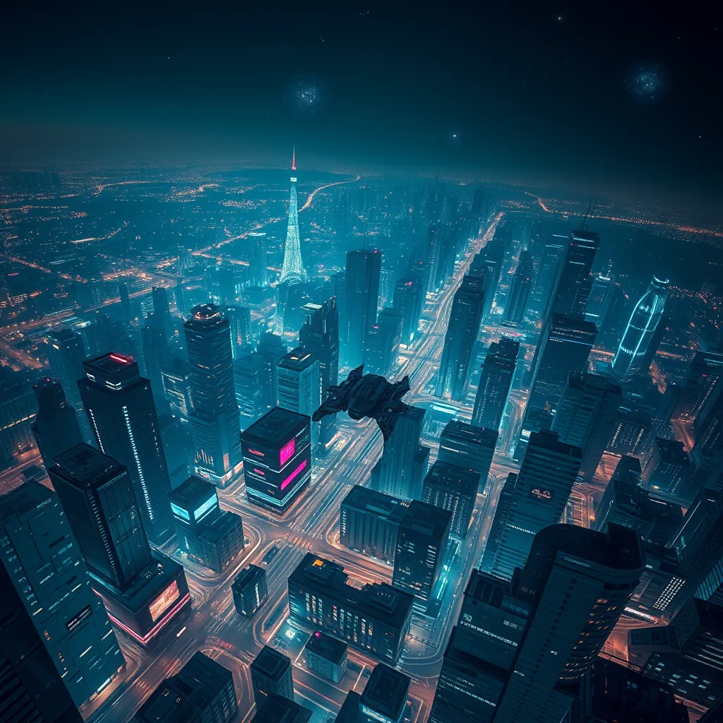 Aerial view of a sprawling cyberpunk city at night, glowing grid patterns of streets and buildings, flying vehicles weaving through the cityscape, holographic projections illuminating the sky, a sense of scale and technological advancement, futuristic architecture, 8k resolution