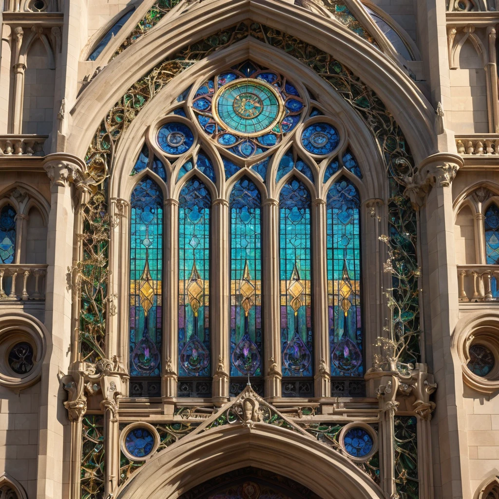 An intricate Art Nouveau cathedral facade, adorned with iridescent stained glass mosaics depicting celestial scenes, framed by organic lines of sculpted bronze vines and blossoms. Soft sunlight streams through, casting a kaleidoscope of colors within.