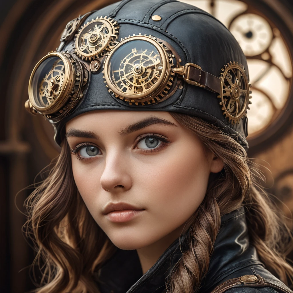 A portrait of a young woman with intricate clockwork gears embedded in her skin, her eyes glowing with a soft, ethereal light. She wears a leather aviator hat and goggles, her expression a mix of curiosity and determination. Steampunk aesthetic, highly detailed, vintage photography style.