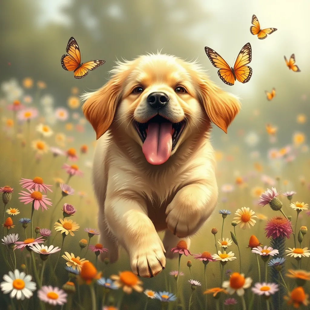 A playful golden retriever puppy with its tongue out, chasing butterflies in a field of wildflowers, whimsical, storybook illustration