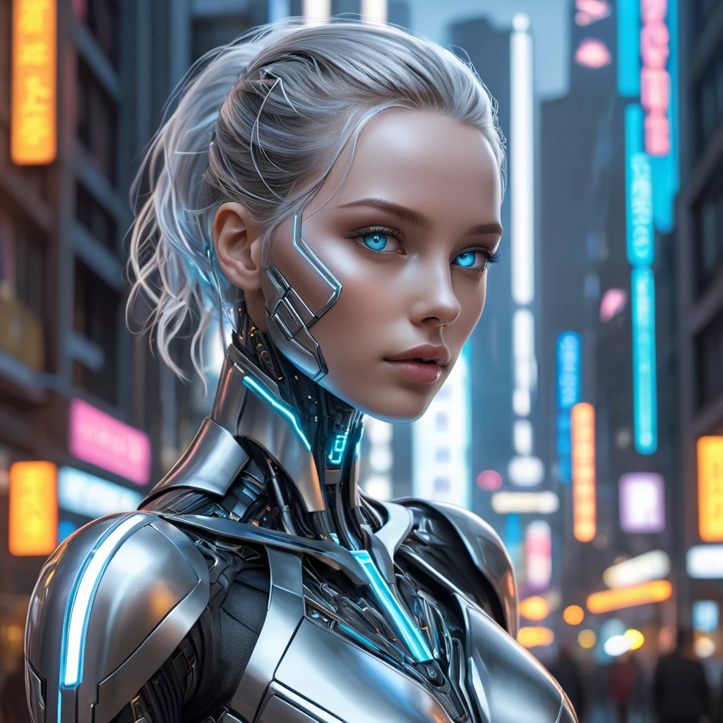 An ethereal android with luminous silver skin, geometric patterns of light pulsing beneath her surface, her eyes glowing with artificial intelligence, set against a backdrop of a futuristic neon cityscape, cyberpunk art, hyperrealistic