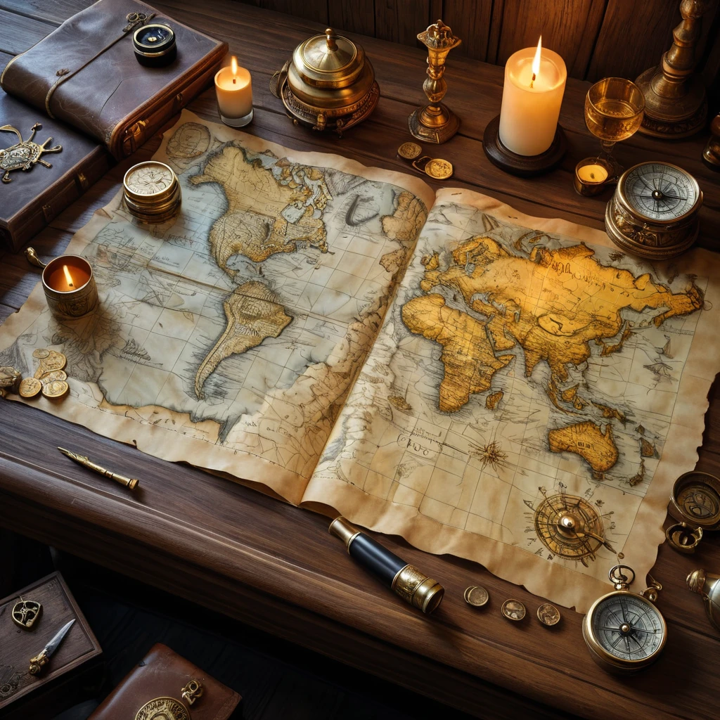 A treasure map spread out on a table lit by a single flickering candle, surrounded by pirate paraphernalia - cutlass, compass, spyglass, and gold coins, highly detailed, realistic