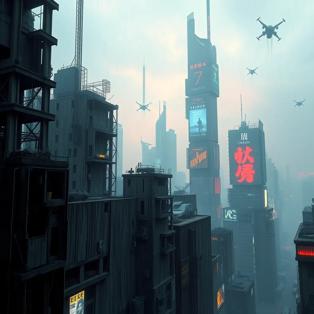 A colossal, rain-slicked metropolis shrouded in perpetual twilight, crumbling brutalist architecture pierced by towering holographic advertisements, flying vehicles weaving between decaying skyscrapers, cyberpunk style